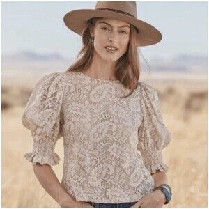 Sundance Marianne Top XS Ivory Floral Lace Boho Cottage Prairie Blouse Puff Slv